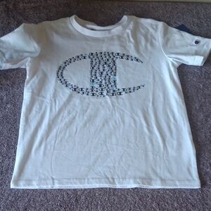 Champion Kids White Tee with Navy Logo Pattern New